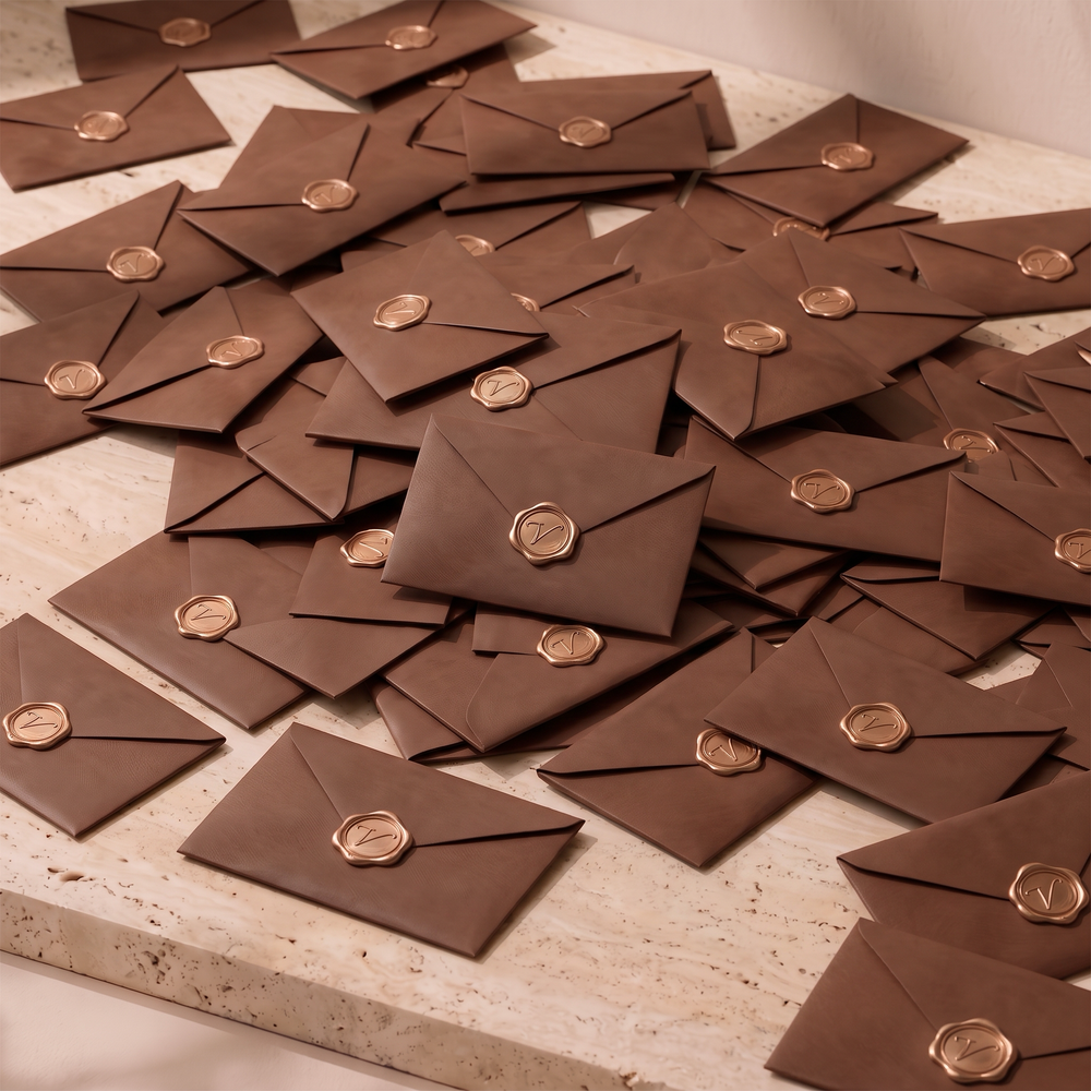 Sobres de las tarjetas regalo Vivante Madrid con sello de lacre dorado sobre una mesa de mármol